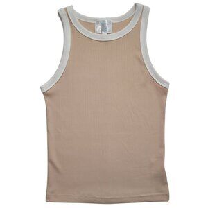 Salty Wave Ribbed Ringer Tank Top Beige Tan High Neck Racerback Small Coastal